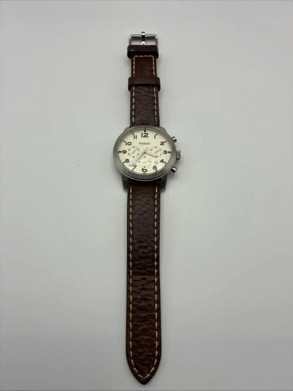 Vintage Fossil Fs5146 Stainless Steel Watch Brown Leather Strap